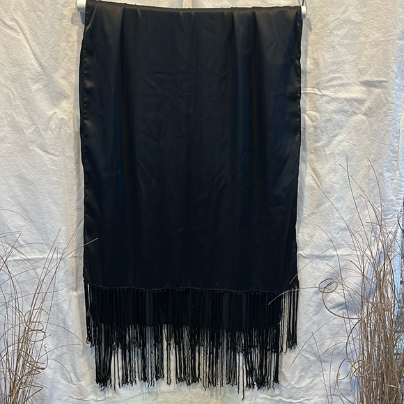 SILKY BLEND PASHMINA 22" x 78"" beaded fringed detail trim black GUC - Picture 1 of 5